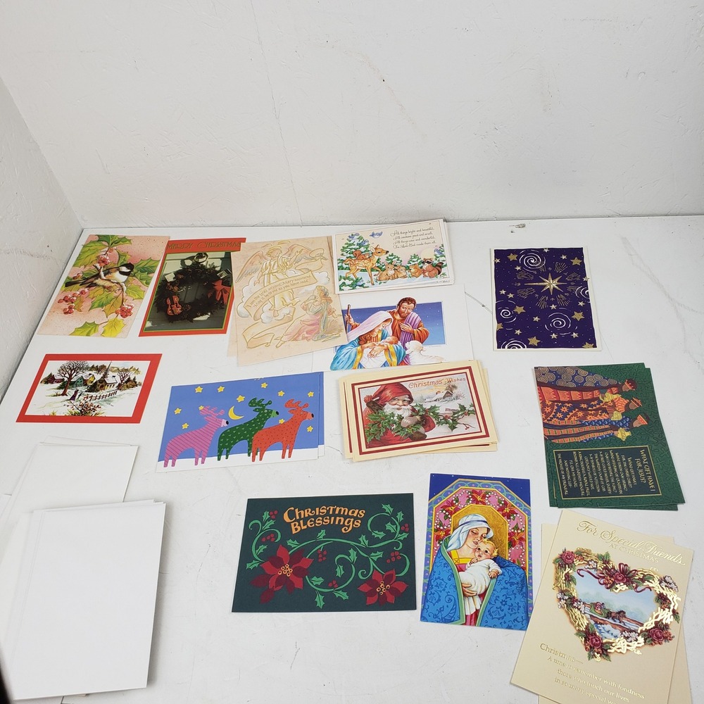 39 Vintage Assorted Christmas Greeting Cards Lot Unused Santa Reindeer Foil Art